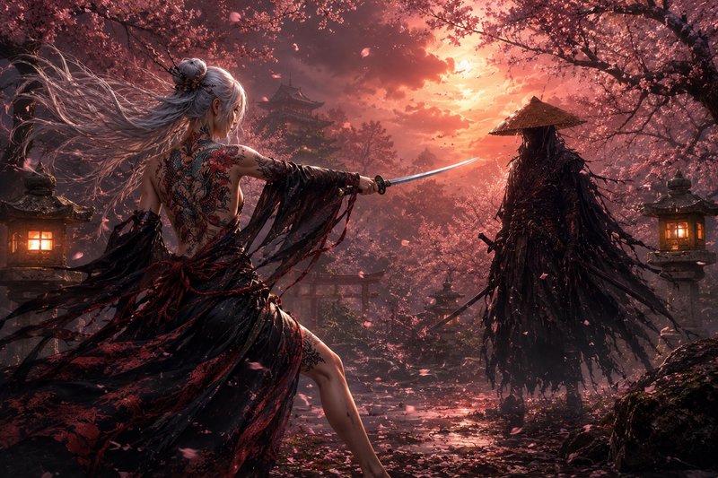 Fantasy duel between a tattooed woman in a red-black kimono and a shadowy swordsman under cherry ...