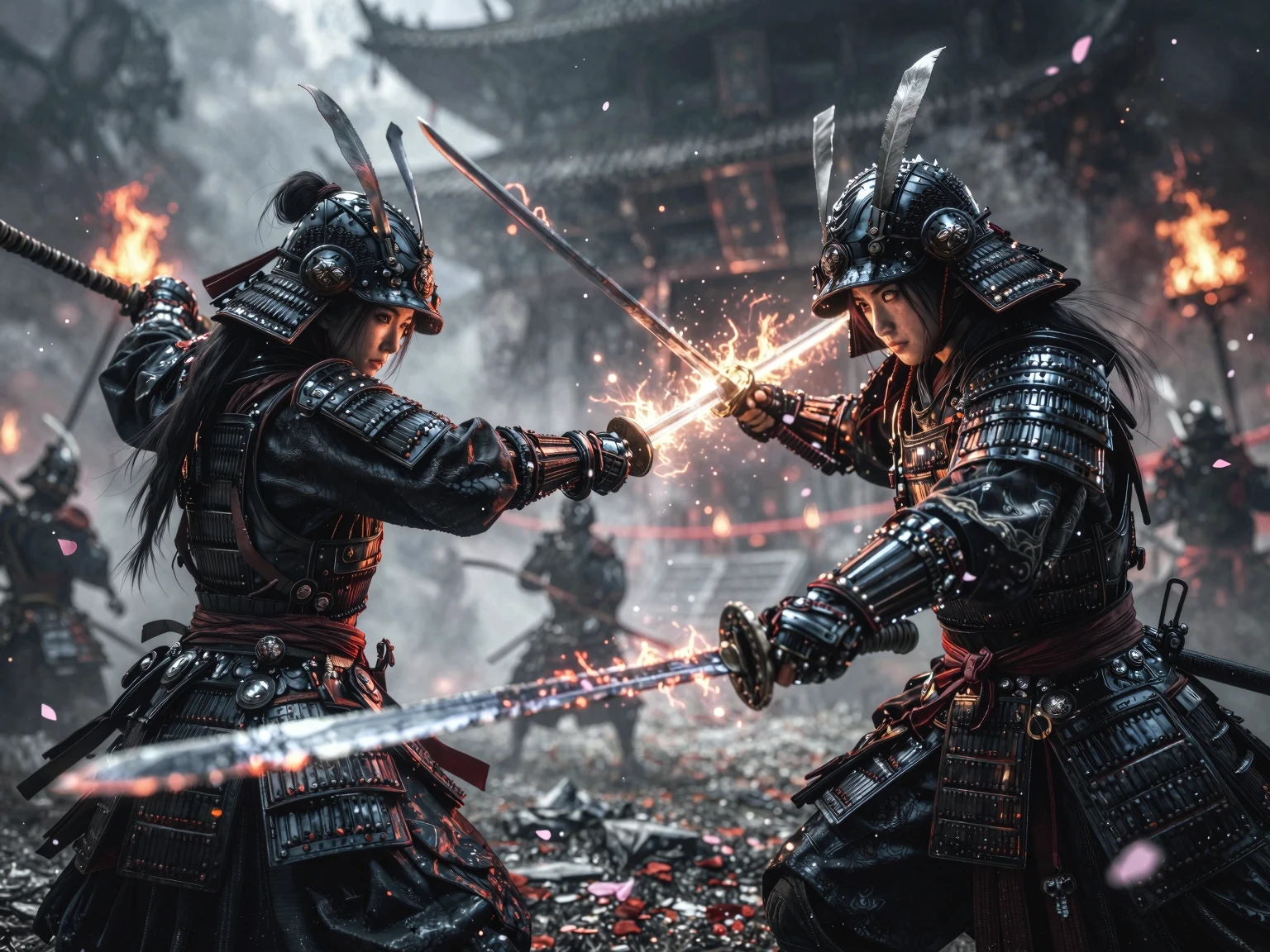 Two armored samurai duel with swords amid sparks and flames on a chaotic battlefield.