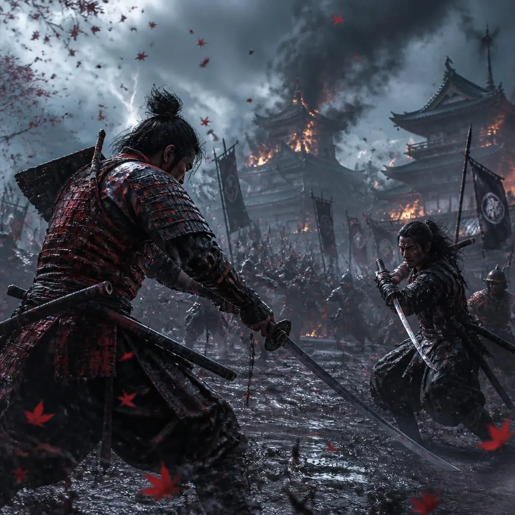 Two samurai duel in a burning fortress with falling red leaves.