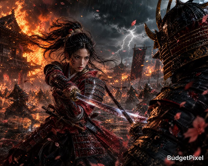Female armored warrior in battle with glowing sword amid fiery, stormy battlefield.