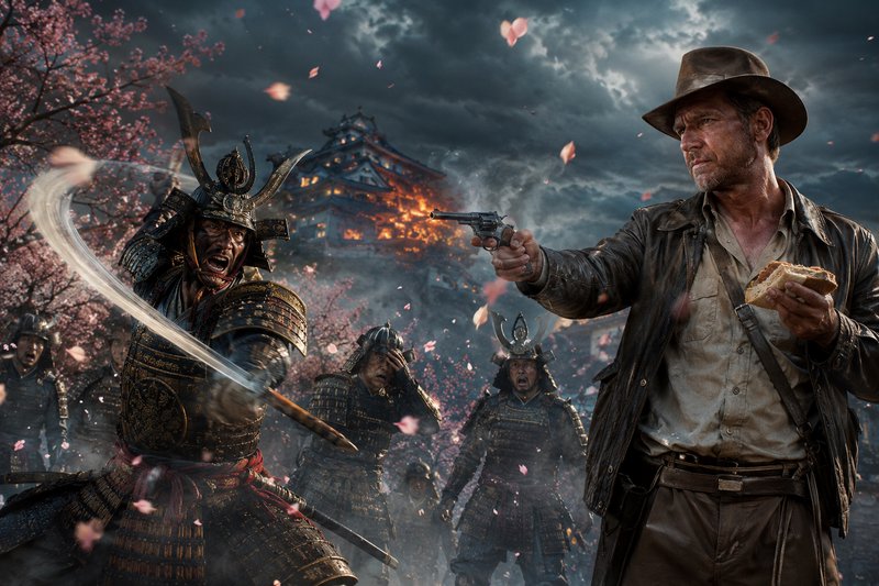 Indiana Jones–style adventurer faces armored samurai warriors in a fiery battlefield with cherry ...