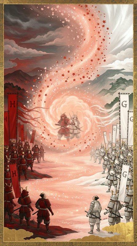 Dramatic fantasy battle with red and white armored warriors as a glowing pink vortex swirls betwe...