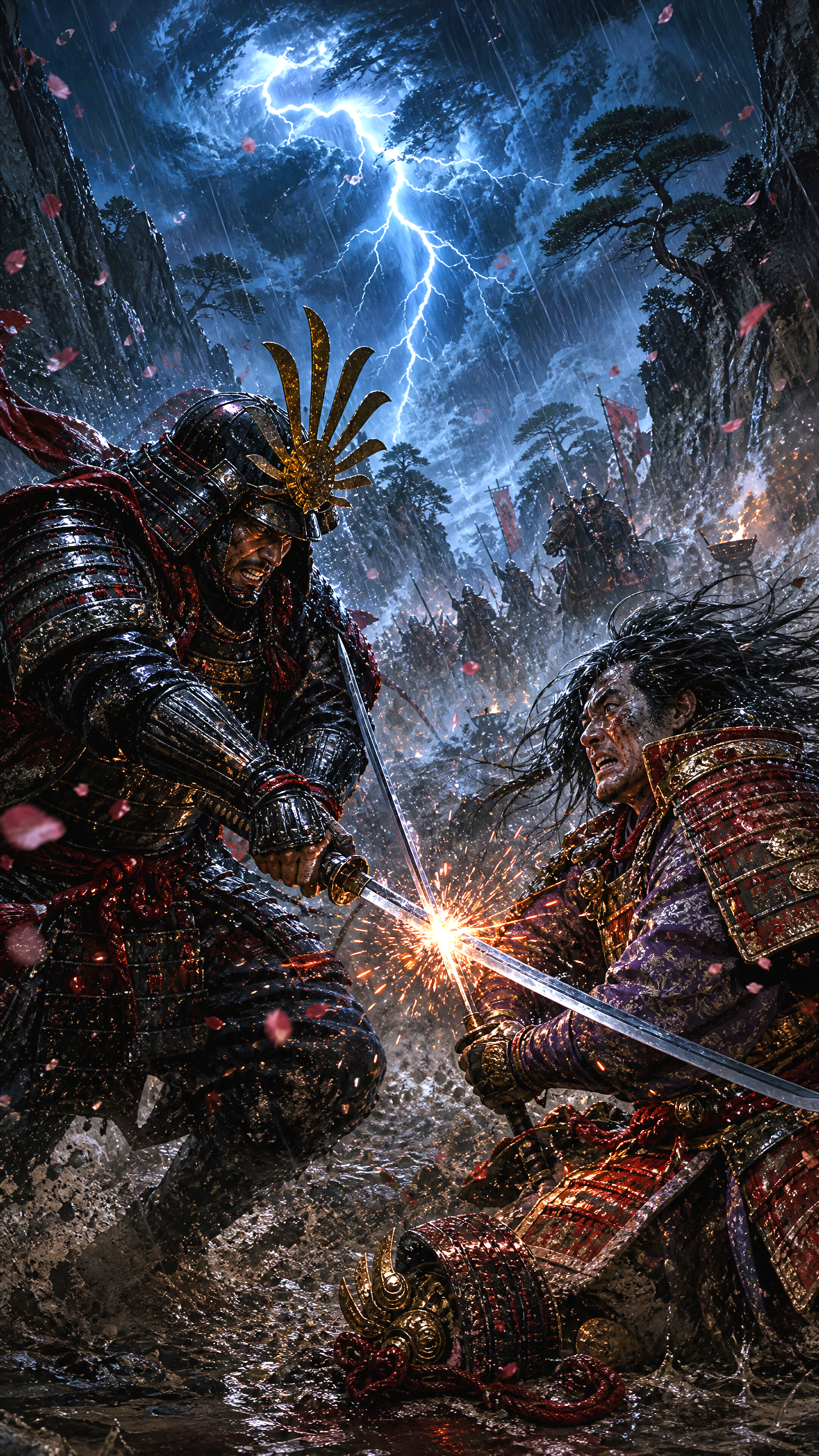 Two armored samurai clash swords in a stormy battlefield under lightning.