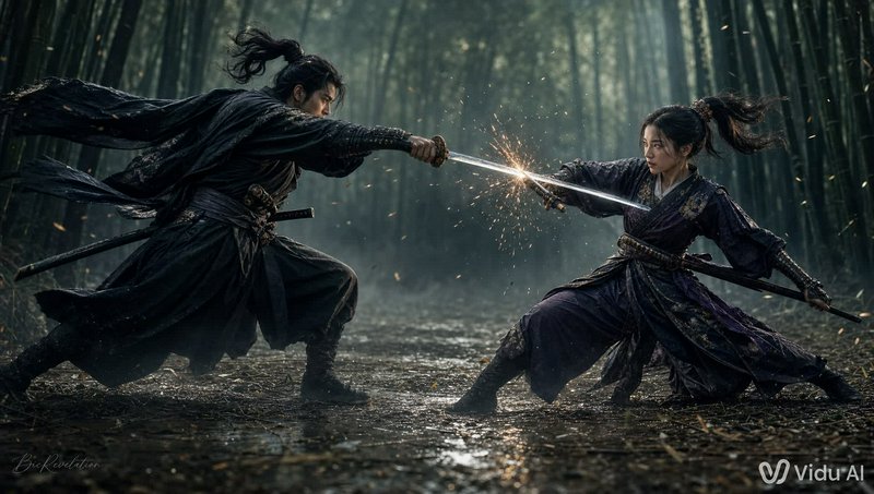 Two warriors duel with swords in a misty bamboo forest, sparks fly.