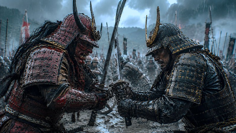 Two armored warriors clash swords in a muddy, rain-soaked battlefield.