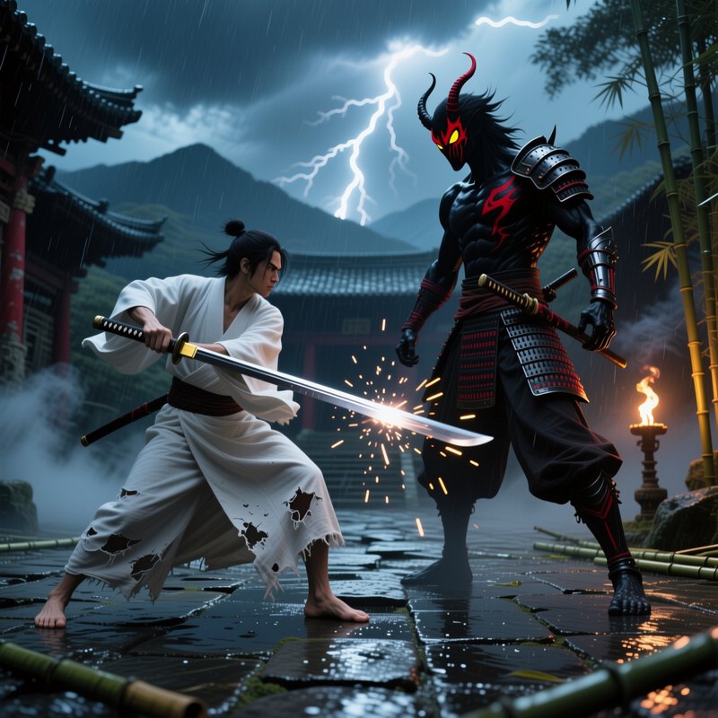 Samurai in white battles a horned demon in dark armor during a stormy night with lightning.