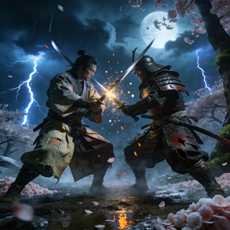 Two armored samurai duel with clashing swords under a full moon amid cherry blossoms.