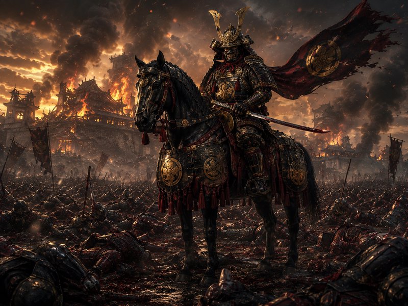 Armored samurai on a decorated horse amid a blazing battlefield at dusk.