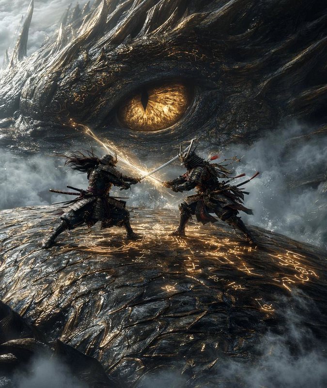 Two armored warriors duel with glowing swords on a dragon-scale platform beneath a giant dragon eye.