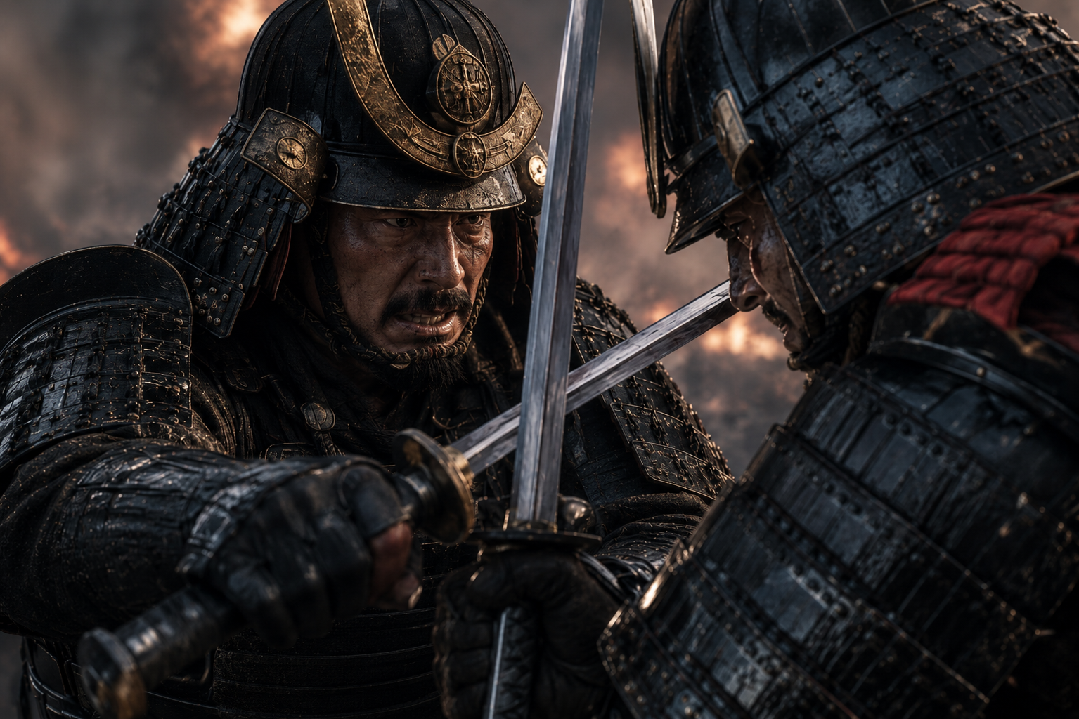 Two armored warriors clash swords in a dark, fiery battlefield.