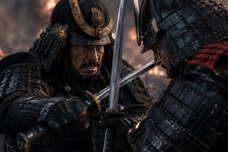 Two armored warriors clash swords in a dark, fiery battlefield.