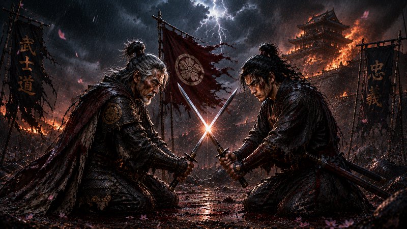 Two armored samurai kneel and clash swords in a dramatic duel amid a burning battlefield under a ...