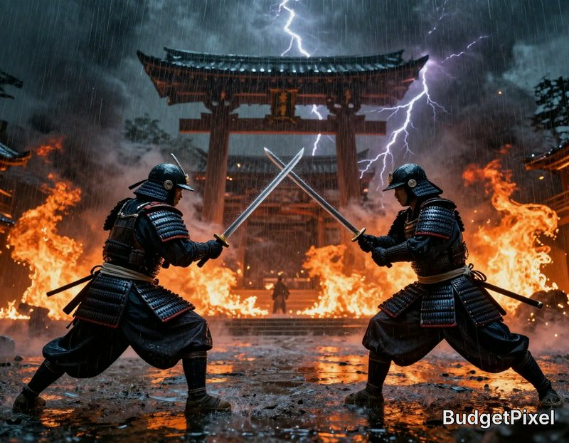 Two armored samurai duel with swords in front of a burning torii gate during a thunderstorm.