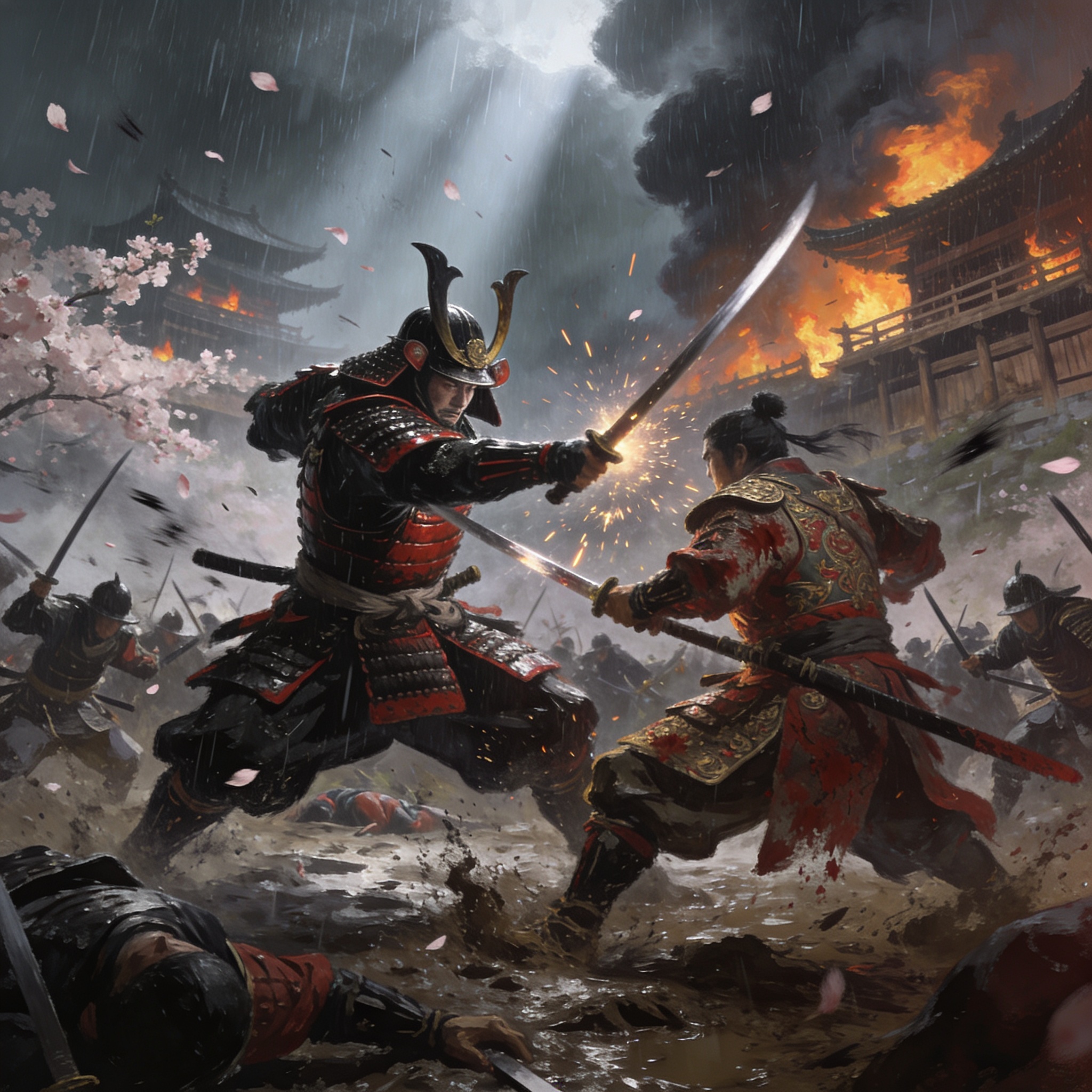 Samurai warriors clash in a fiery, rain-soaked battlefield with sparks flying from steel.