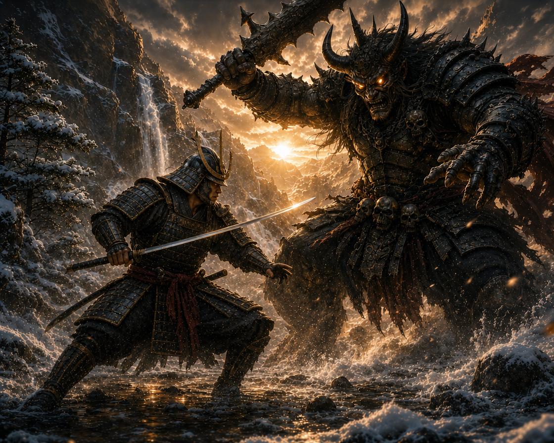 Samurai warrior clashes with a towering demon in a snowy mountain pass at sunset.