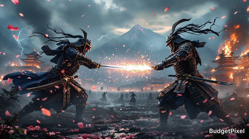 Two armored samurai clash swords in a fiery battlefield with petals and pagodas.