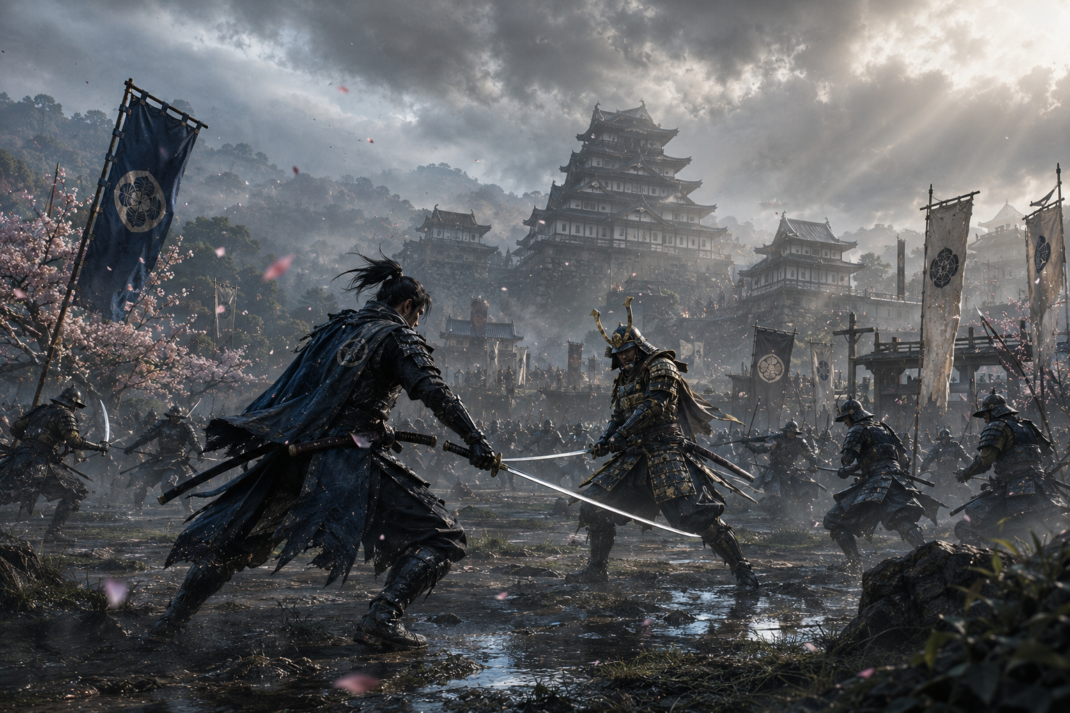 Two samurai clash with swords in a muddy battleground before a feudal Japanese castle.
