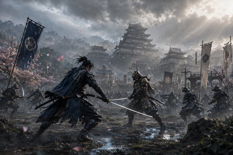 Two samurai clash with swords in a muddy battleground before a feudal Japanese castle.