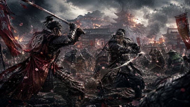 Epic samurai duel in a burning fortress town with armored warriors clashing swords.