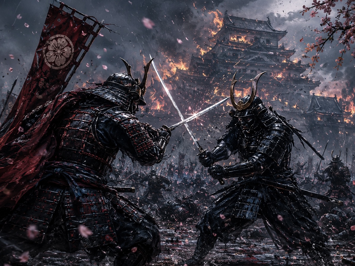 Two armored samurai duel with glowing katanas amid a burning Japanese castle and falling petals.