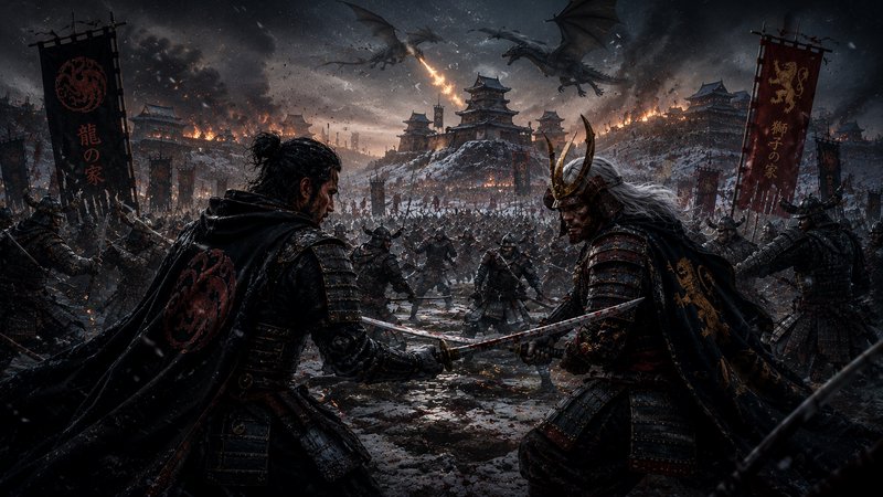 Two armored warriors duel in a dark, snow-covered battlefield with banners as dragons fly overhea...