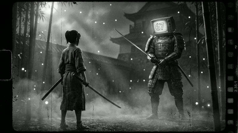 Child warrior facing armored knight with TV head in a misty, traditional courtyard duel.