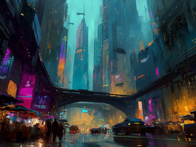 Cyberpunk city street at night with neon-lit skyscrapers and elevated highways.