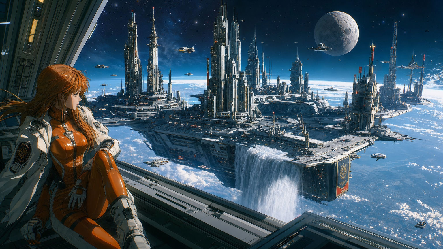 Astronaut in an orange suit gazes at a vast futuristic space city with towering spires and a distant moon.