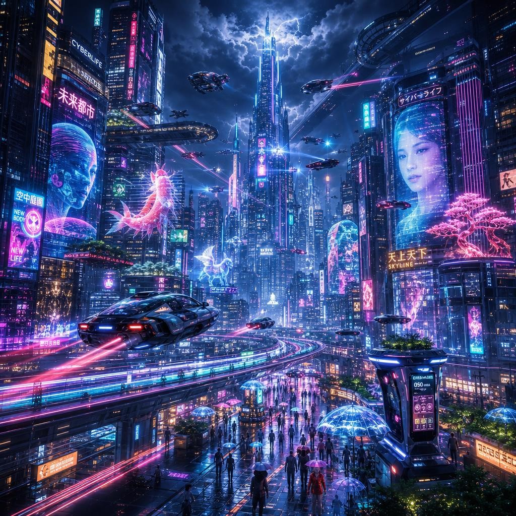 Neon-lit futuristic cityscape with flying cars, holographic billboards, and towering skyscrapers.