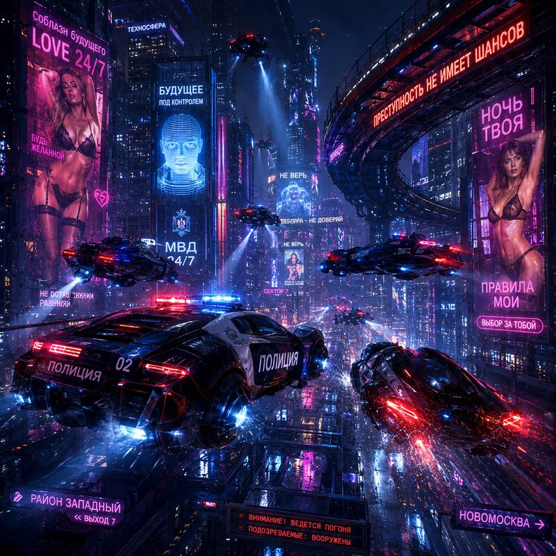 Futuristic neon-lit city scene with police cars, drones, and flying vehicles in a rainy cyberpunk metropolis.