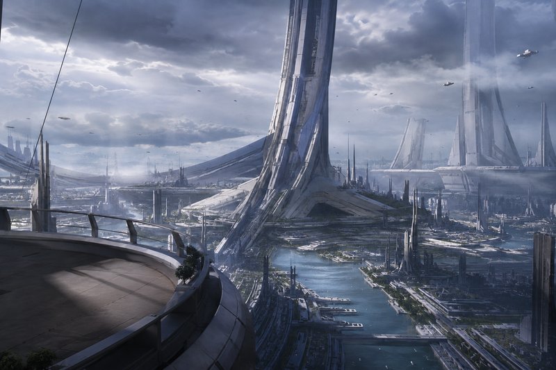 Futuristic cityscape with colossal curved towers, elevated highways, and waterways.