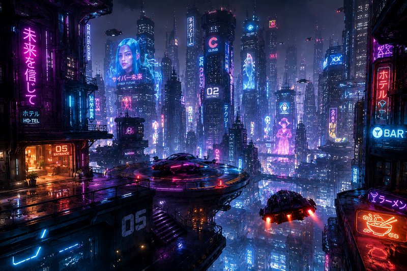 Futuristic neon-lit cyberpunk cityscape with flying cars and towering holographic advertisements.