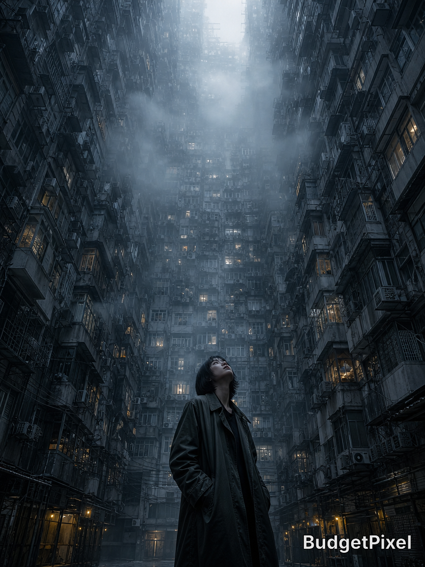 Person in a trench coat stands in a foggy, towering courtyard between high-rise apartment walls.