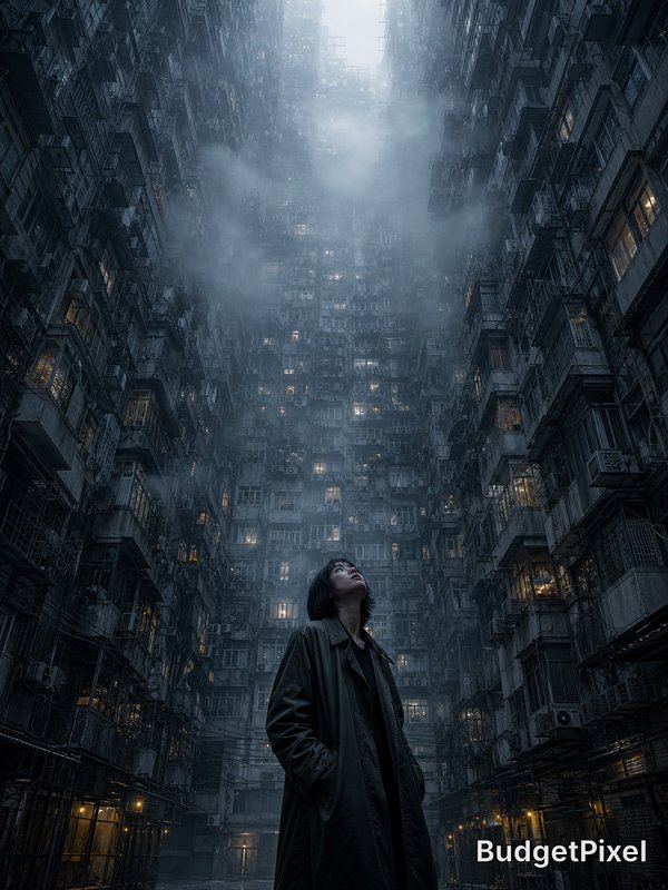 Person in a trench coat stands in a foggy, towering courtyard between high-rise apartment walls.