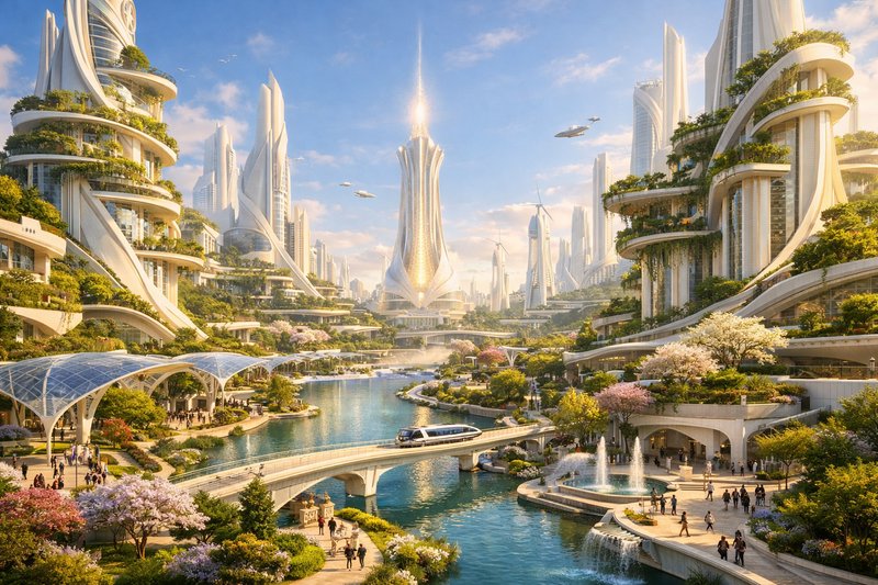 Futuristic cityscape with soaring skyscrapers, lush greenery, canals and elevated transit.