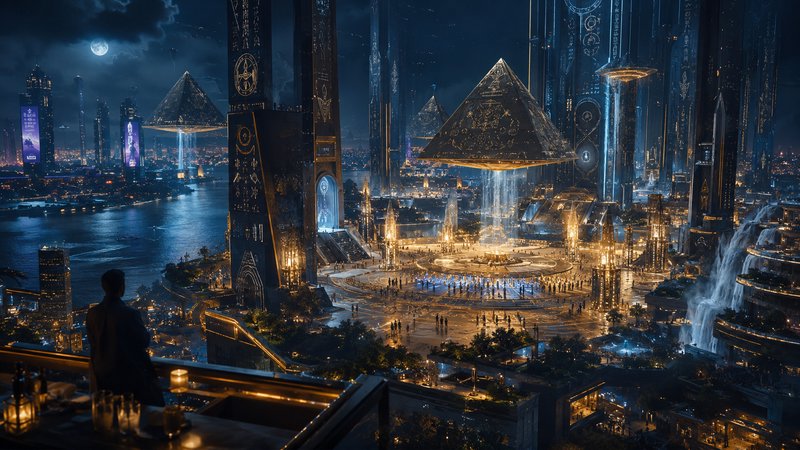 Futuristic night cityscape with glowing pyramids, a central illuminated plaza, and a riverfront skyline.