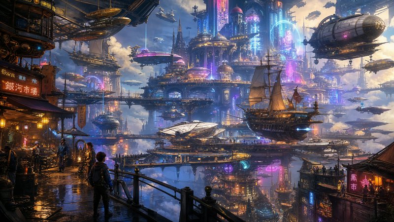 Futuristic floating city with multiple airborne ships and neon-lit skyscrapers.