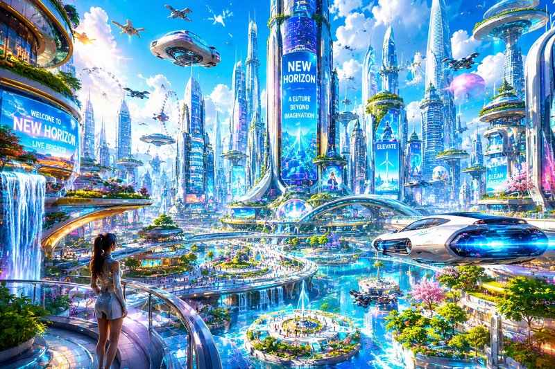 Futuristic cityscape with glass skyscrapers, waterfalls, and a person on a balcony overlooking ho...