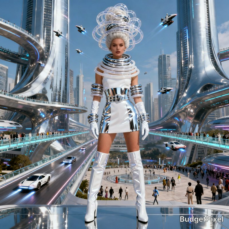 Futuristic chrome-clad model in metallic dress and tall boots amid a sci-fi cityscape with elevat...