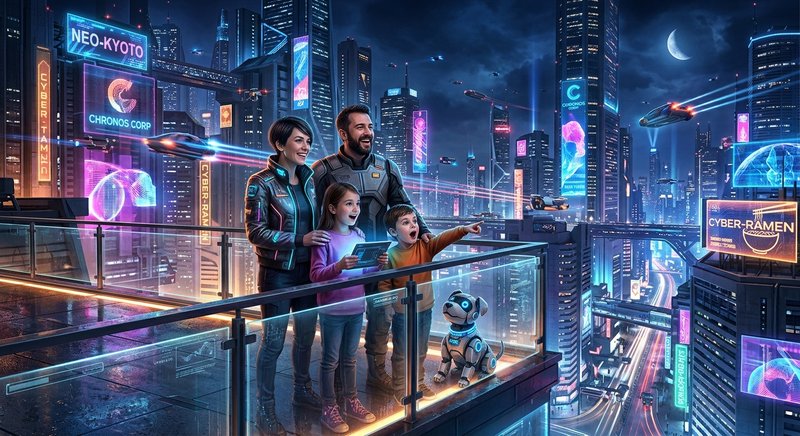 Family on a neon-lit futuristic balcony overlooking a cyberpunk city with a robot dog.