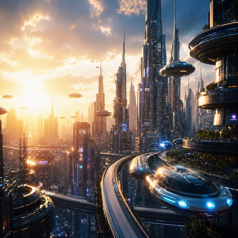 Futuristic city skyline with flying cars, soaring skyscrapers, and elevated monorail at sunset