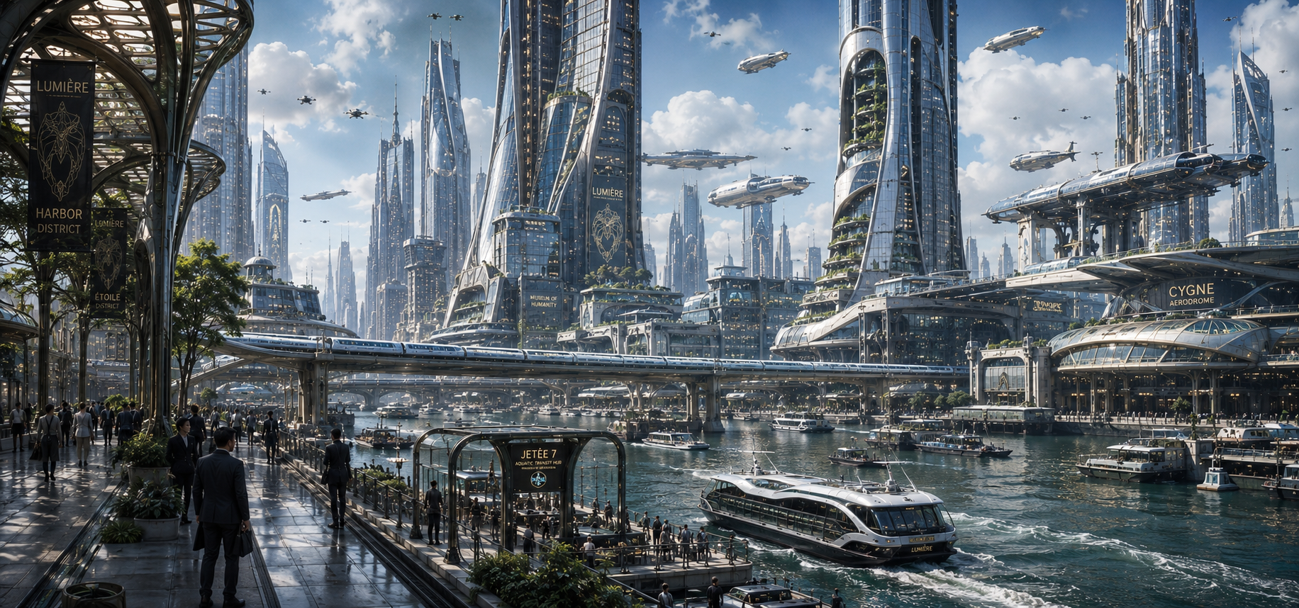 Futuristic waterfront city with tall glass skyscrapers, flying cars, and river transit.