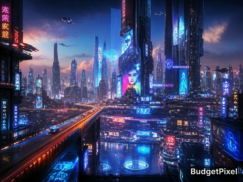Neon-lit futuristic city skyline with towering skyscrapers and elevated neon highways at dusk.