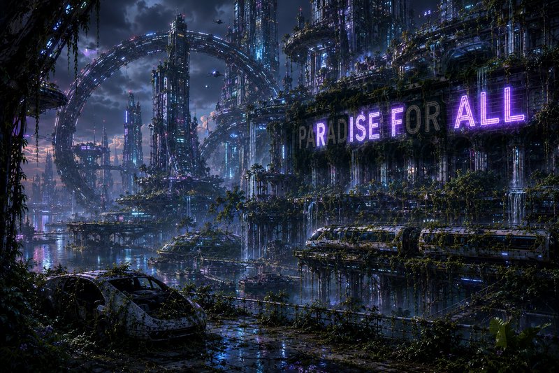 Neon-lit abandoned futuristic city overgrown with vegetation and a "Paradise for All" sign.