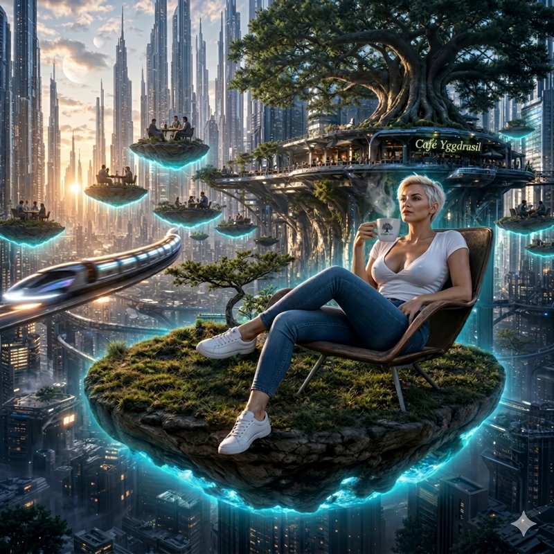 Woman relaxing on a floating grassy island with a cafe, overlooking a futuristic city with levitating platforms and a train.