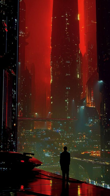Silhouette of a person on a rooftop overlooking a neon-lit futuristic city with towering red light columns.