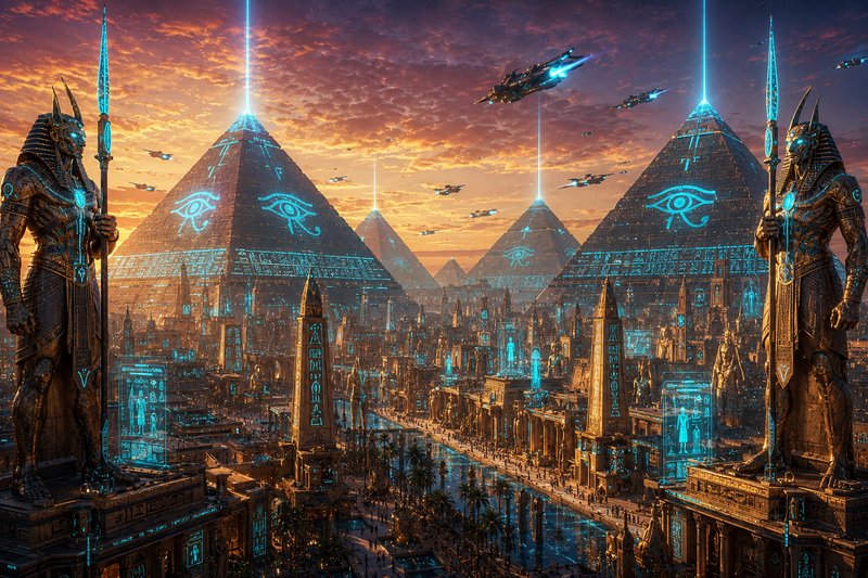 Futuristic neon-lit Egyptian city with towering pyramids, statue guardians, and flying ships.