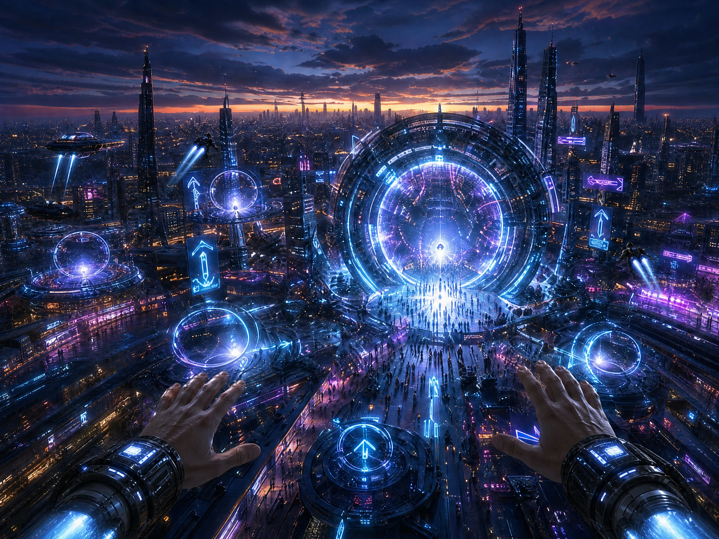 First-person view over a neon-lit futuristic city with holographic portals and a glowing central gateway.