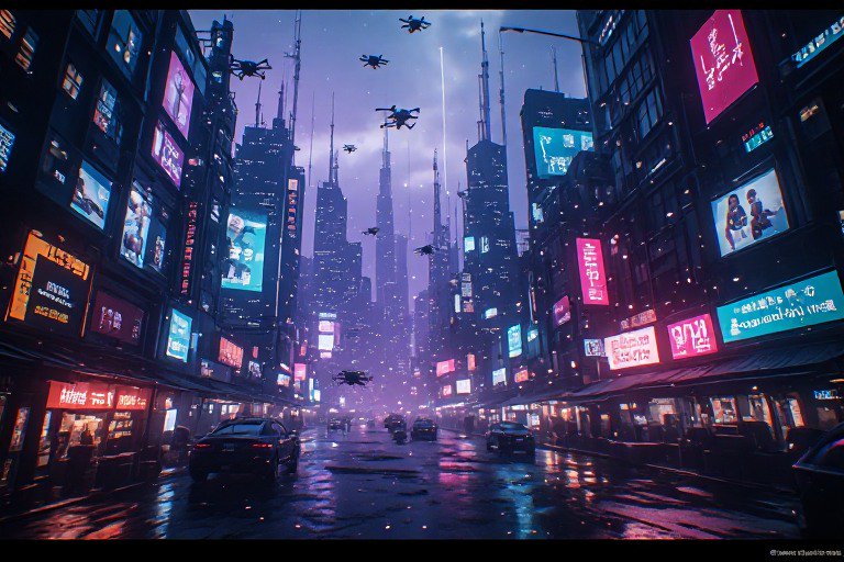 Futuristic neon-lit city street at night with flying drones and rain reflections.