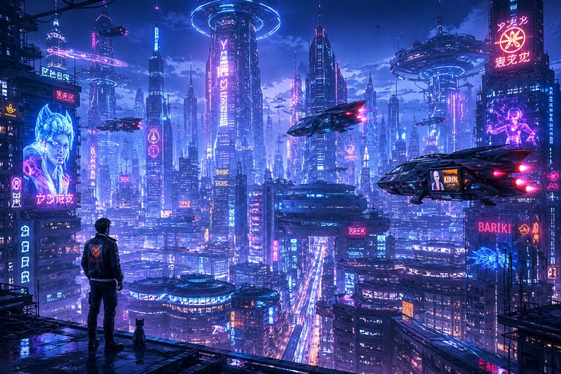 Cyberpunk cityscape with neon-lit skyscrapers, flying cars, and a person with a cat on a rooftop